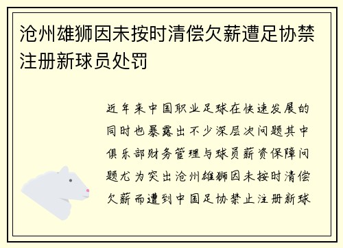 沧州雄狮因未按时清偿欠薪遭足协禁注册新球员处罚